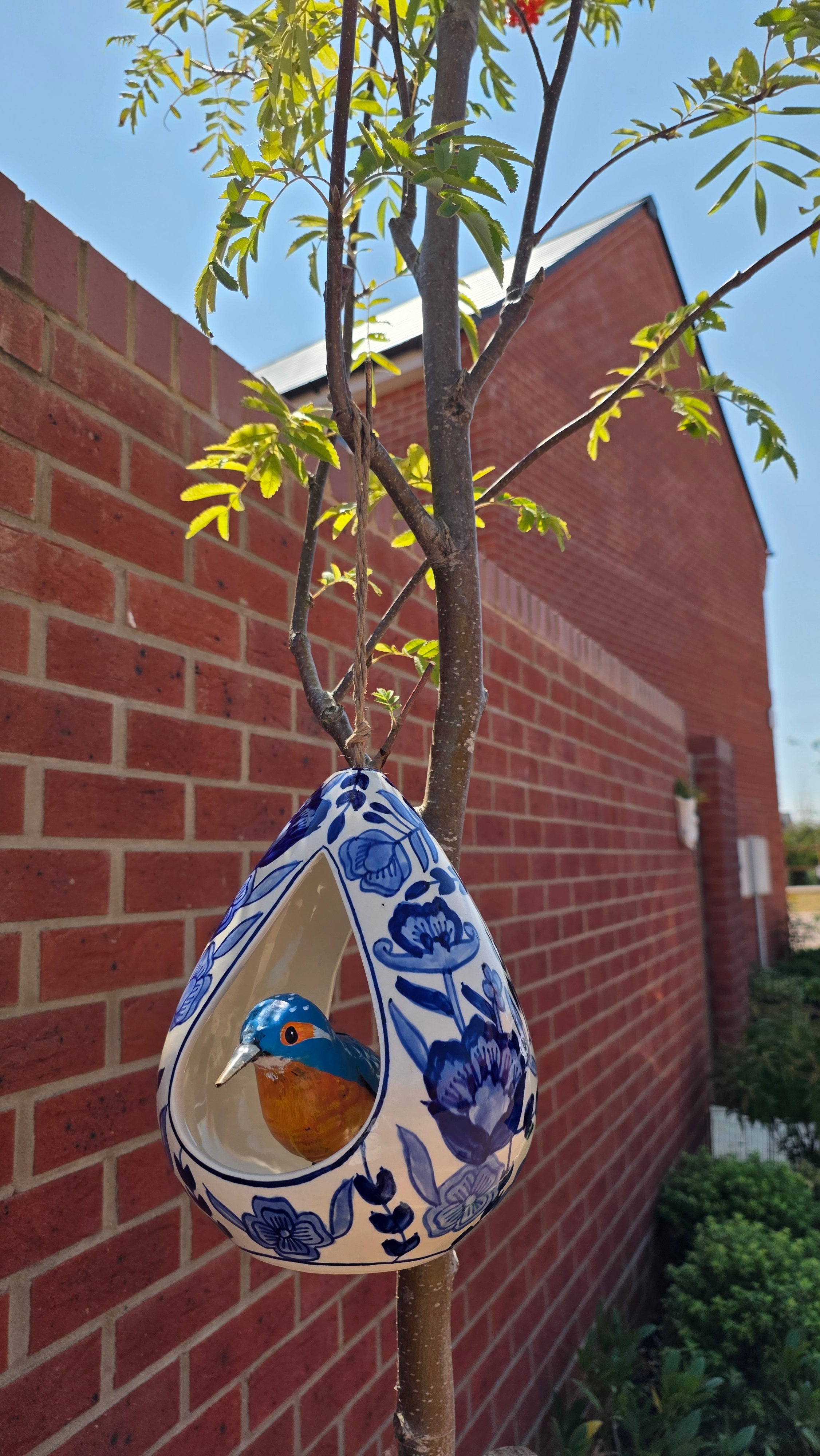 Large Hanging Blue Patterned Ceramic Bird Feeder
