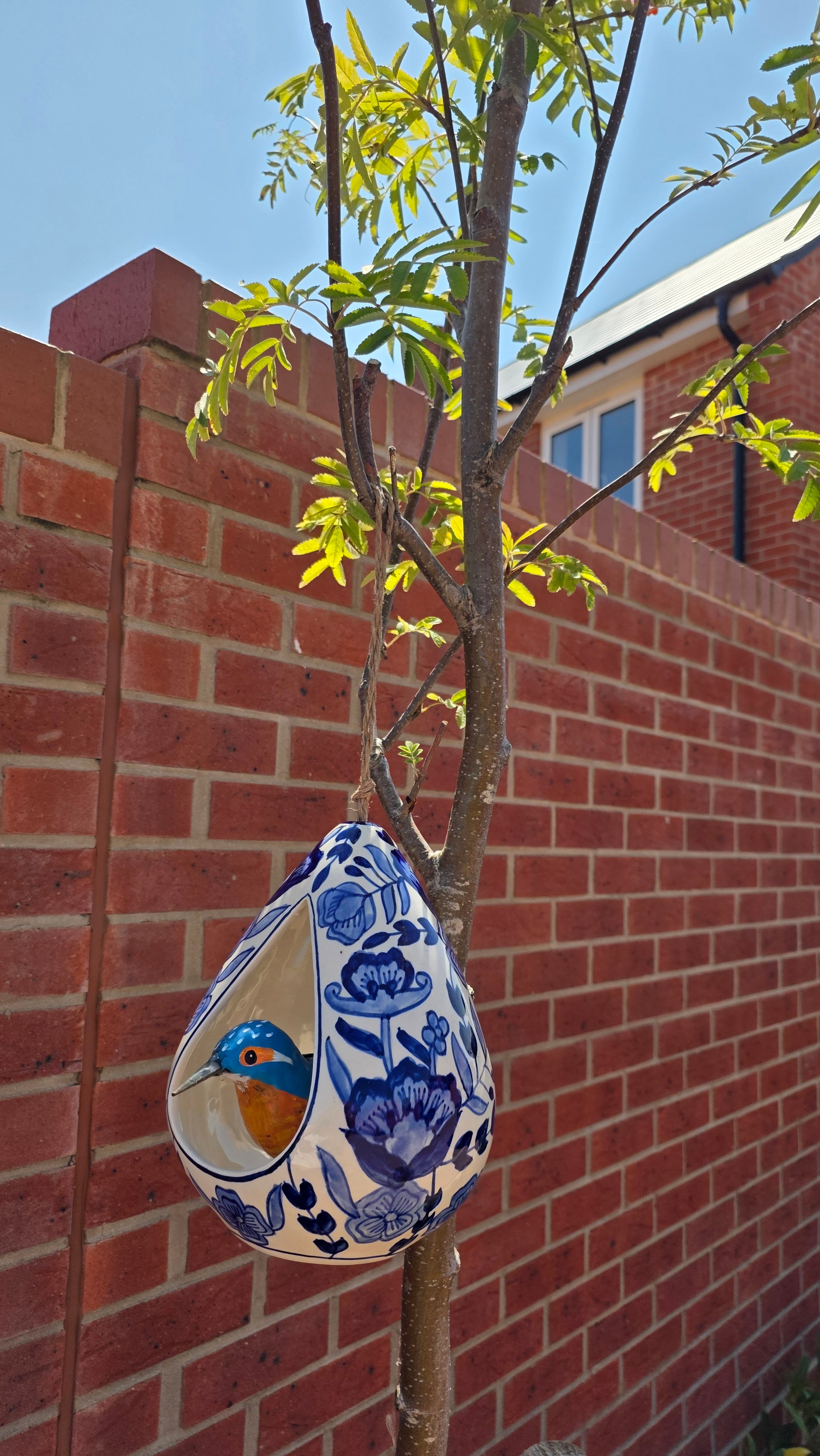 Large Hanging Blue Patterned Ceramic Bird Feeder