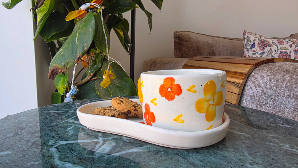 Handcrafted Floral Ceramic Cup & Saucer Set with Biscuit Holder