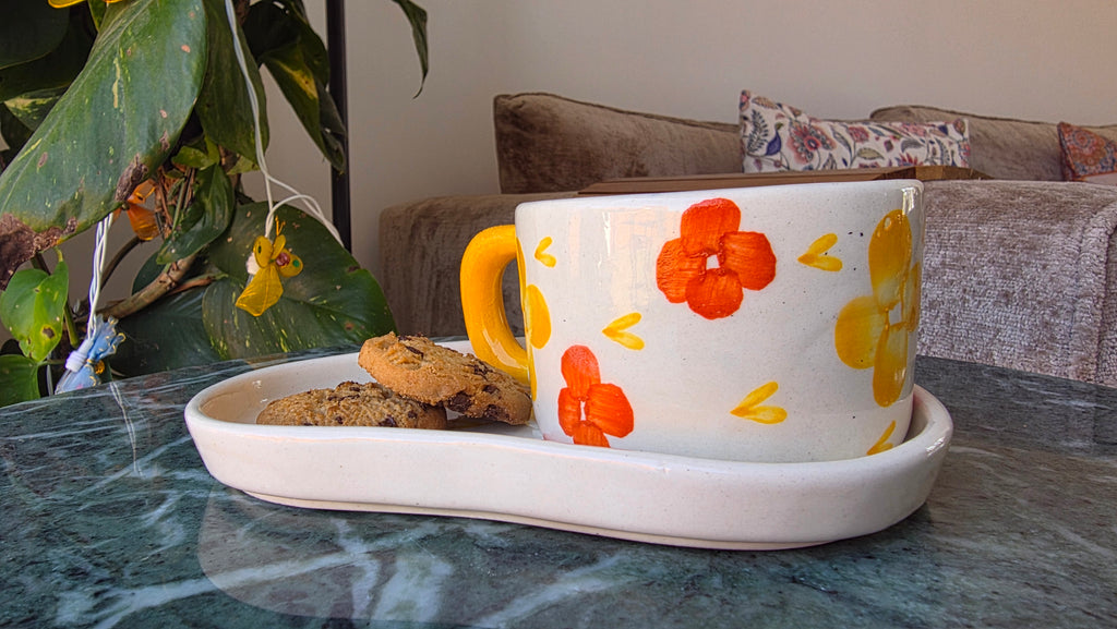 Handcrafted Floral Ceramic Cup & Saucer Set with Biscuit Holder