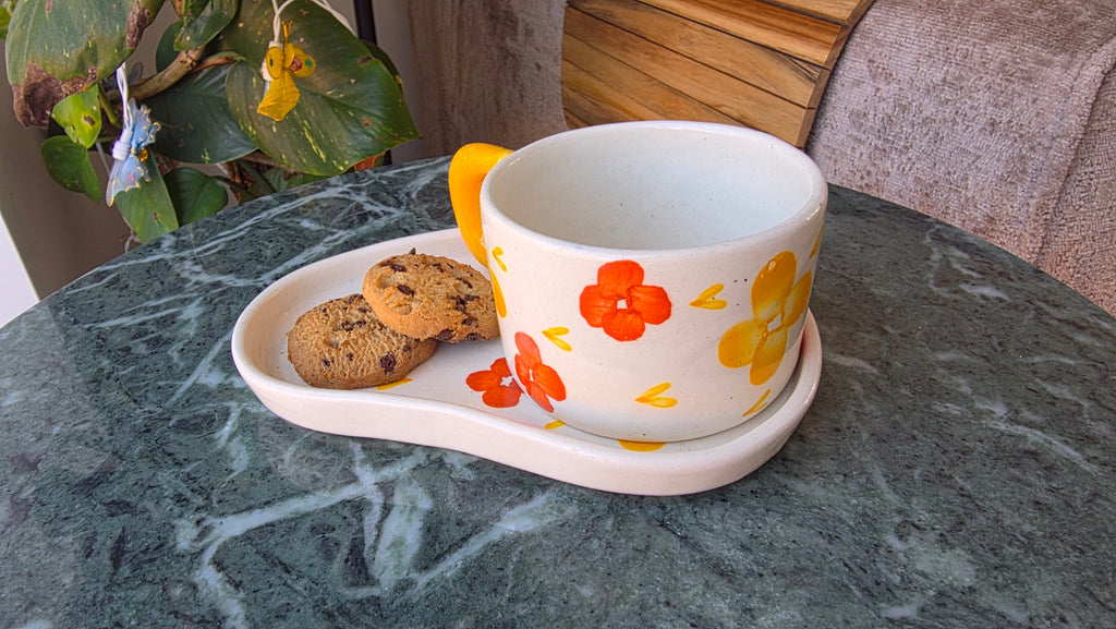 Handcrafted Floral Ceramic Cup & Saucer Set with Biscuit Holder