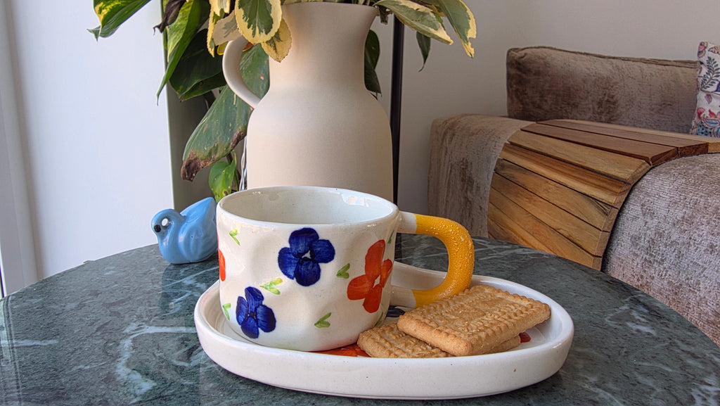 Handcrafted Floral Ceramic Cup & Saucer Set with Biscuit Holder