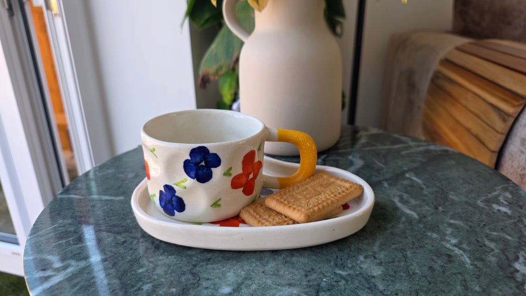 Handcrafted Floral Ceramic Cup & Saucer Set with Biscuit Holder
