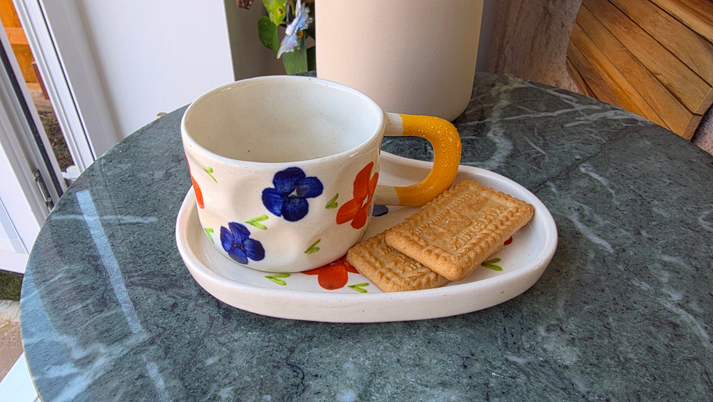 Handcrafted Floral Ceramic Cup & Saucer Set with Biscuit Holder