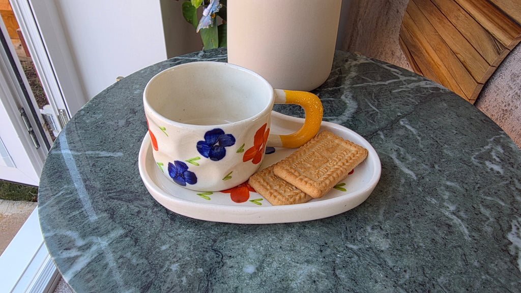 Handcrafted Floral Ceramic Cup & Saucer Set with Biscuit Holder