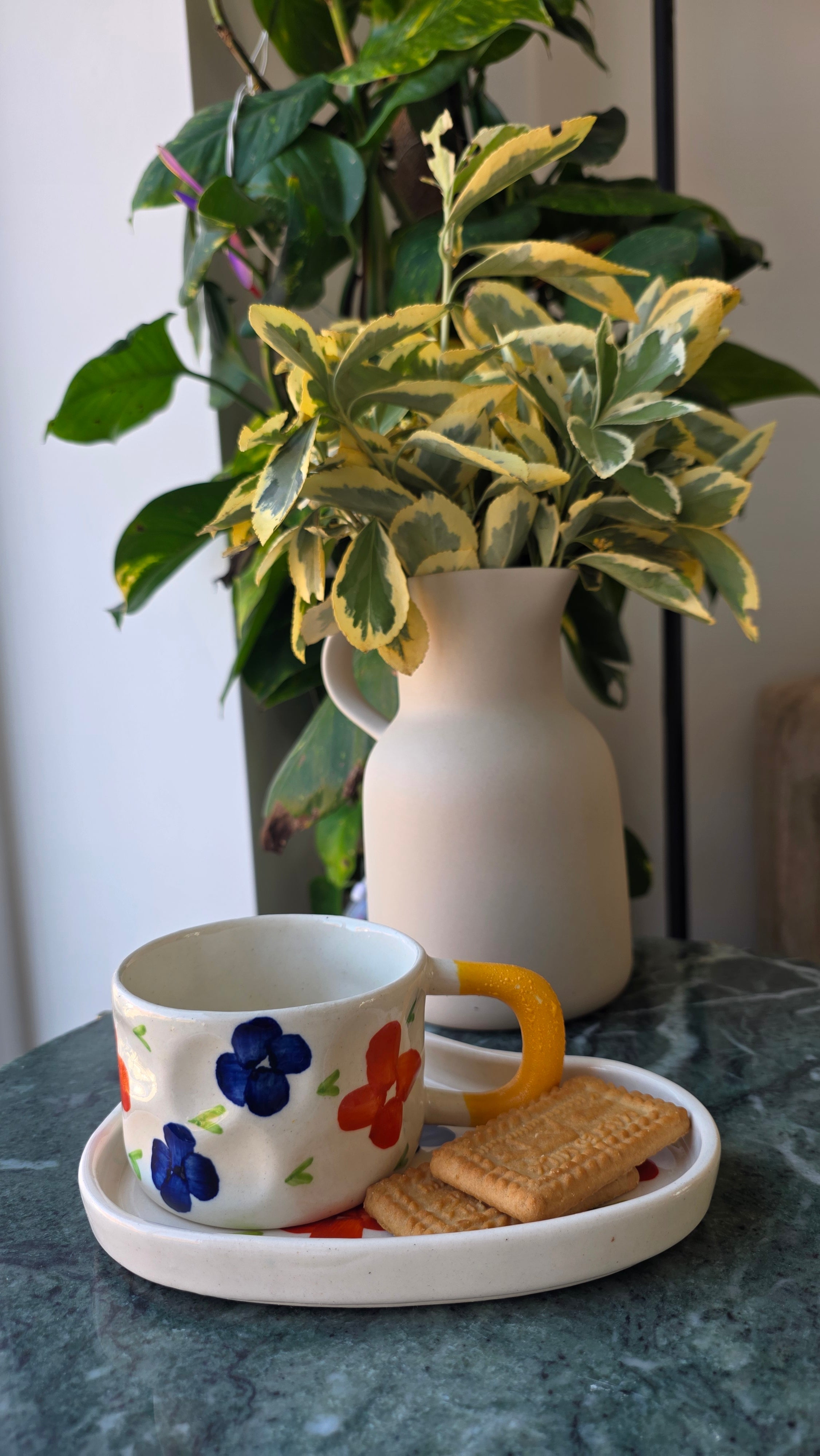 Handcrafted Floral Ceramic Cup & Saucer Set with Biscuit Holder