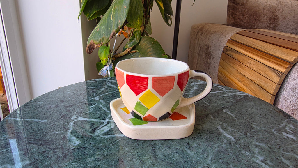 Handcrafted Multicoloured Hexagonal Ceramic Cup & Saucer Set