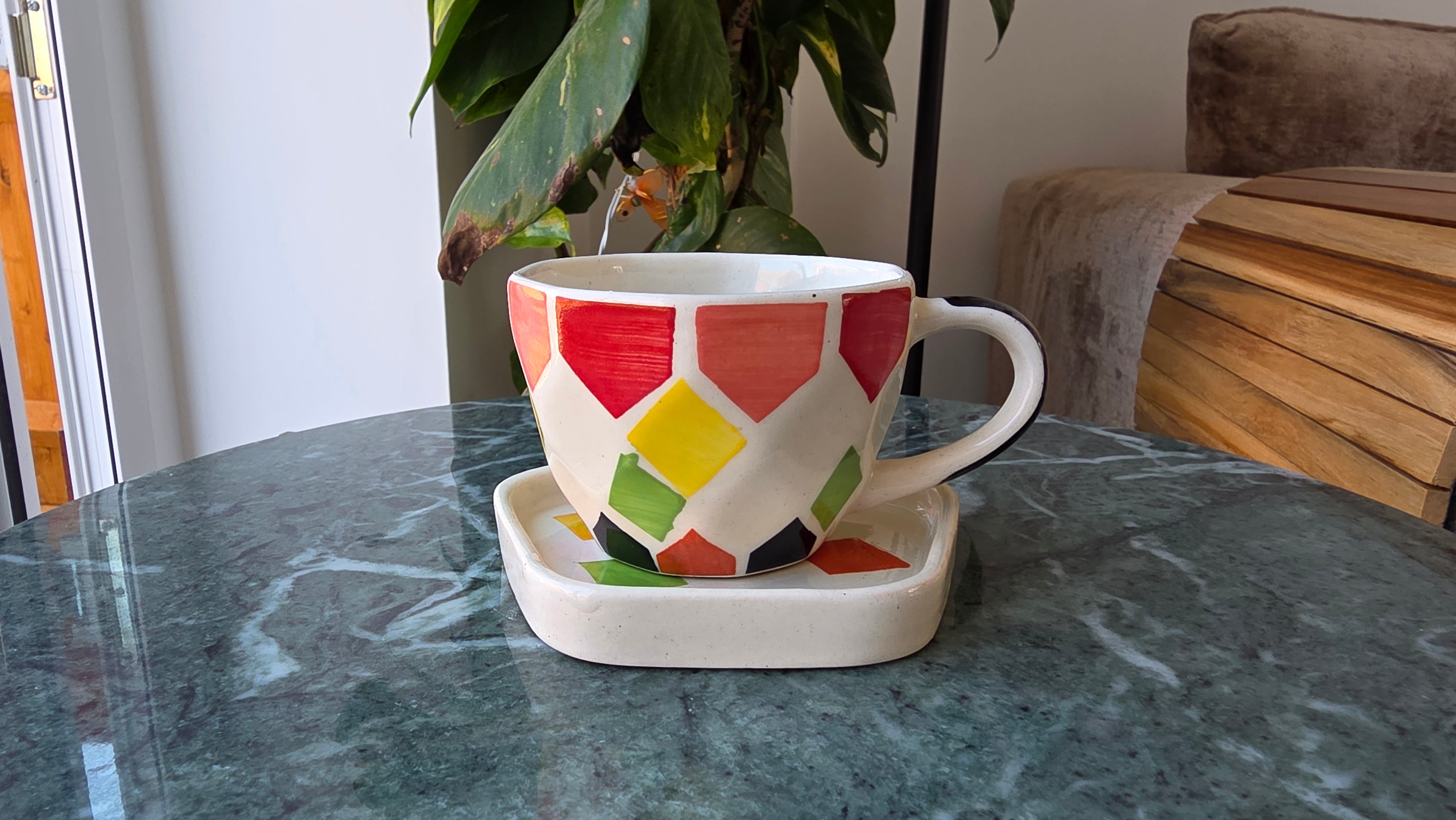Handcrafted Multicoloured Hexagonal Ceramic Cup & Saucer Set