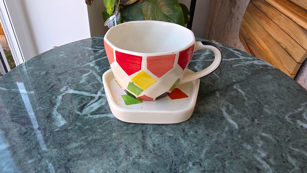 Handcrafted Multicoloured Hexagonal Ceramic Cup & Saucer Set