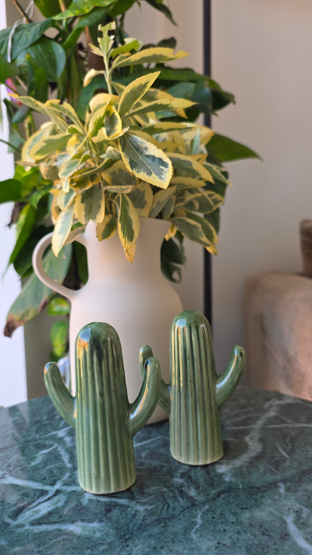 Handcrafted Green Cactus Ceramic Salt &amp; Pepper Shaker Set – Small 2 Piece
