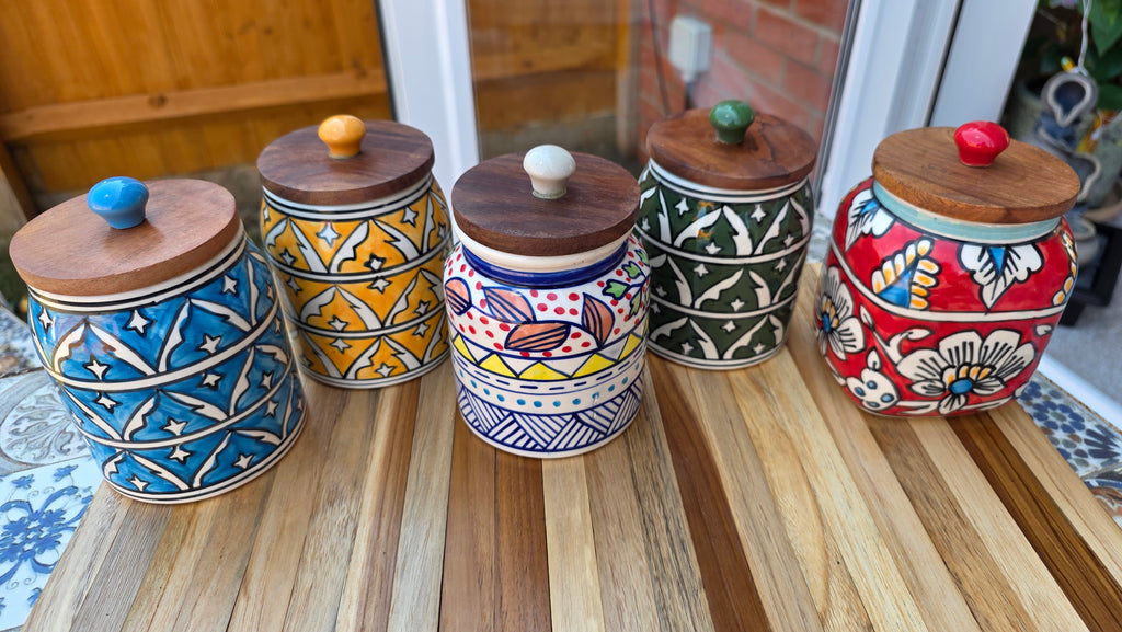 Handcrafted Colourful Patterned Ceramic Storage Jar with Wooden Lid – Large