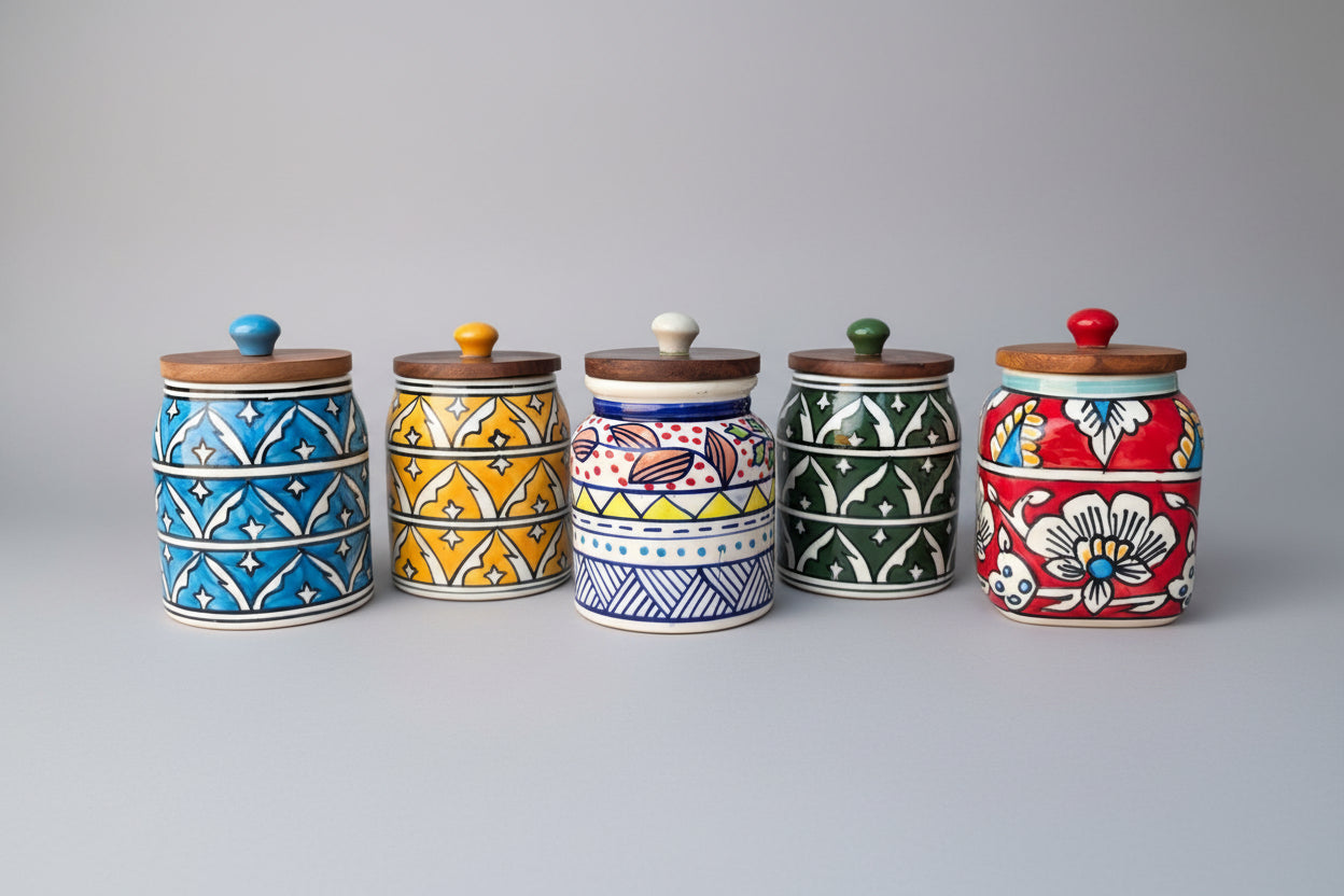Handcrafted Colourful Patterned Ceramic Storage Jar with Wooden Lid – Large