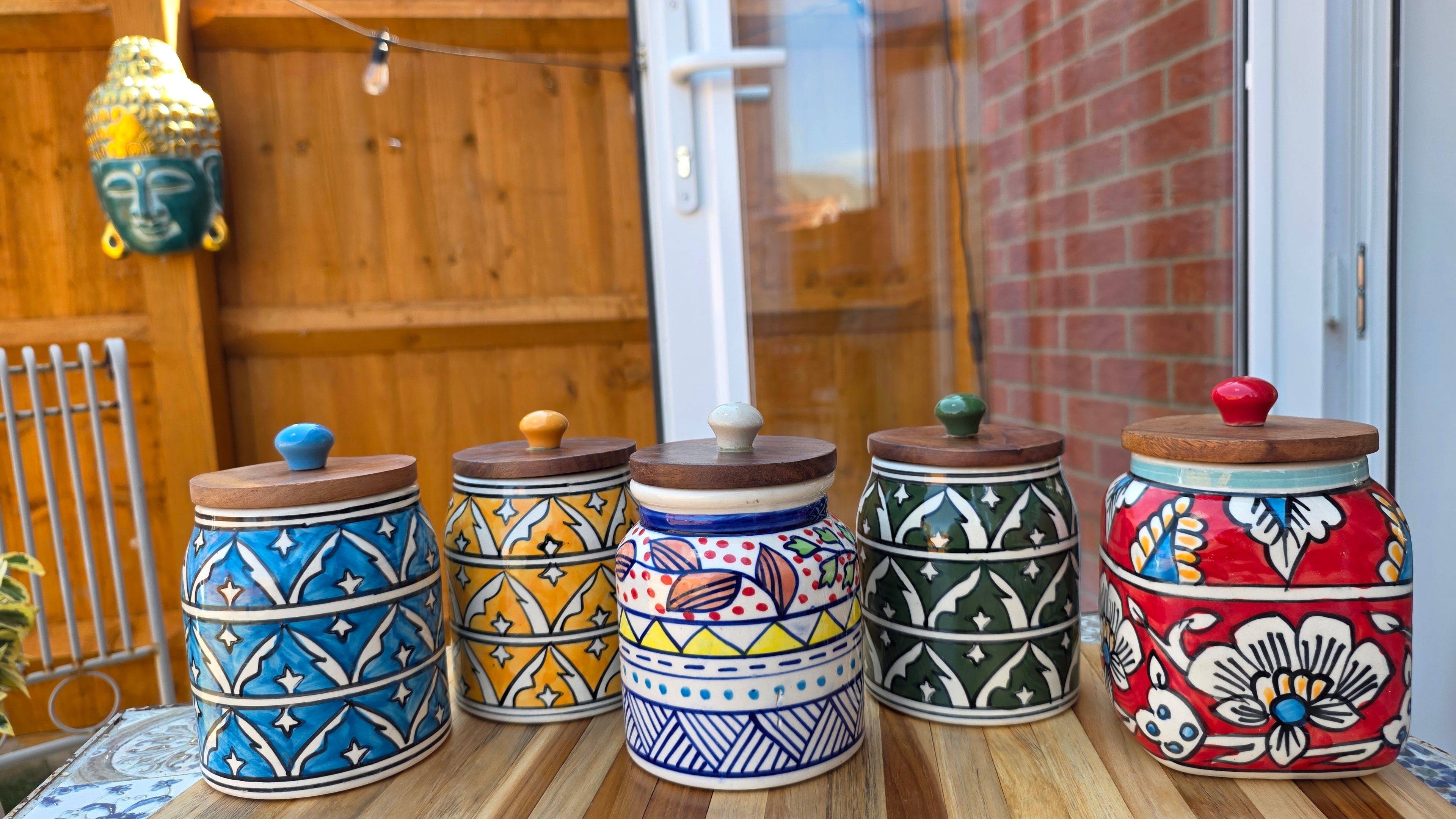 Handcrafted Colourful Patterned Ceramic Storage Jar with Wooden Lid – Large