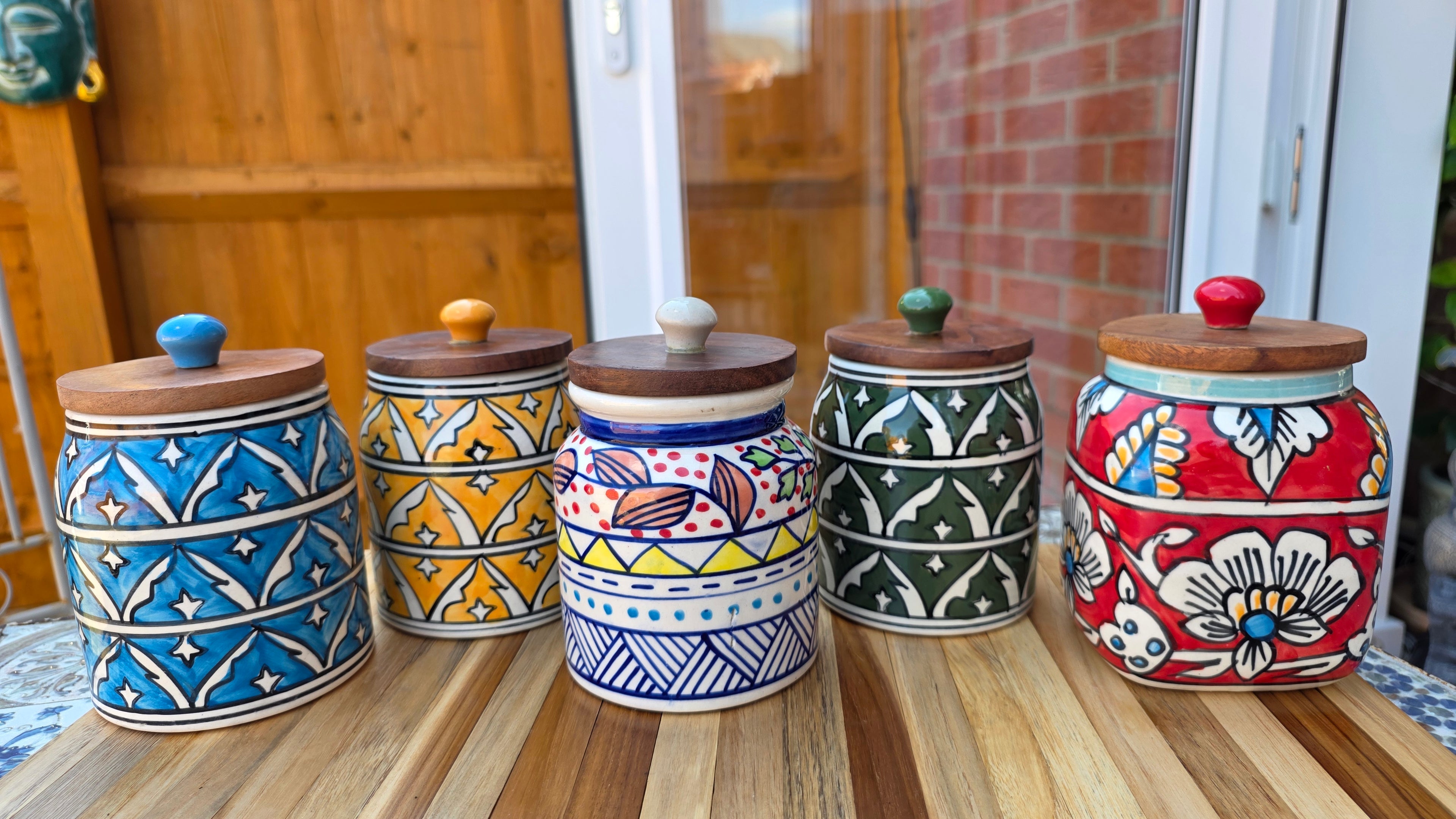Handcrafted Colourful Patterned Ceramic Storage Jar with Wooden Lid – Large