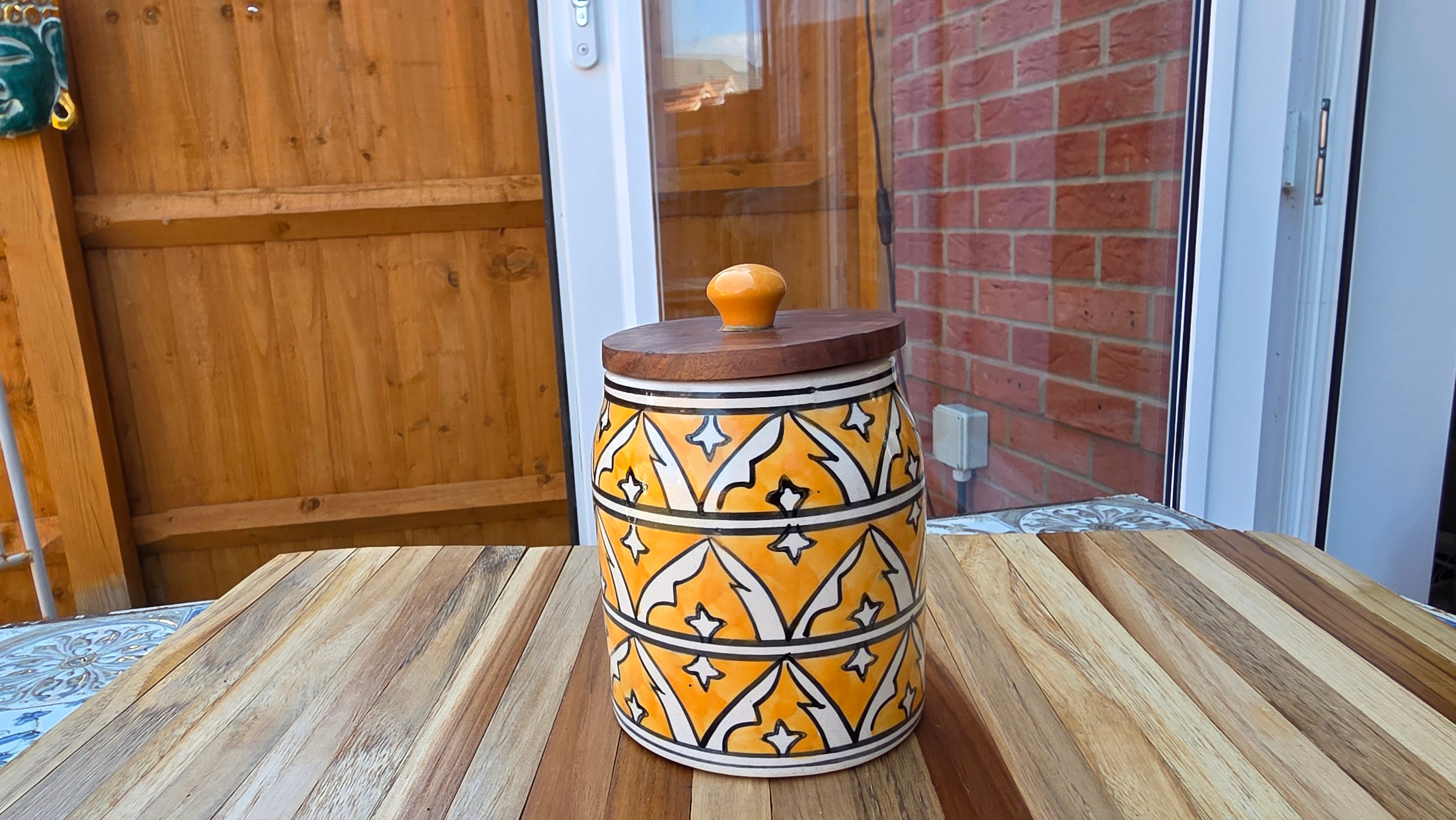 Handcrafted Colourful Patterned Ceramic Storage Jar with Wooden Lid – Large