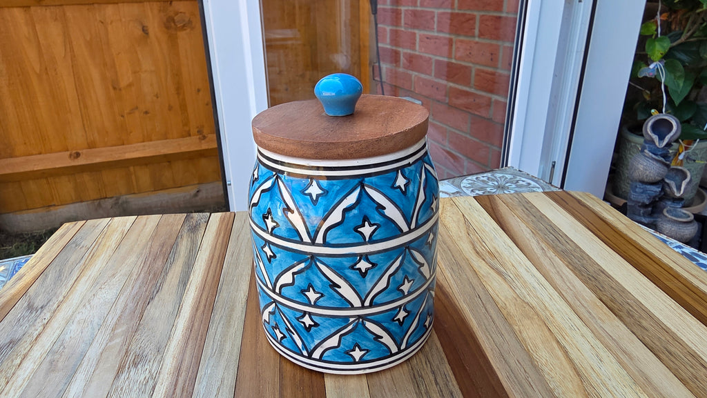 Handcrafted Colourful Patterned Ceramic Storage Jar with Wooden Lid – Large