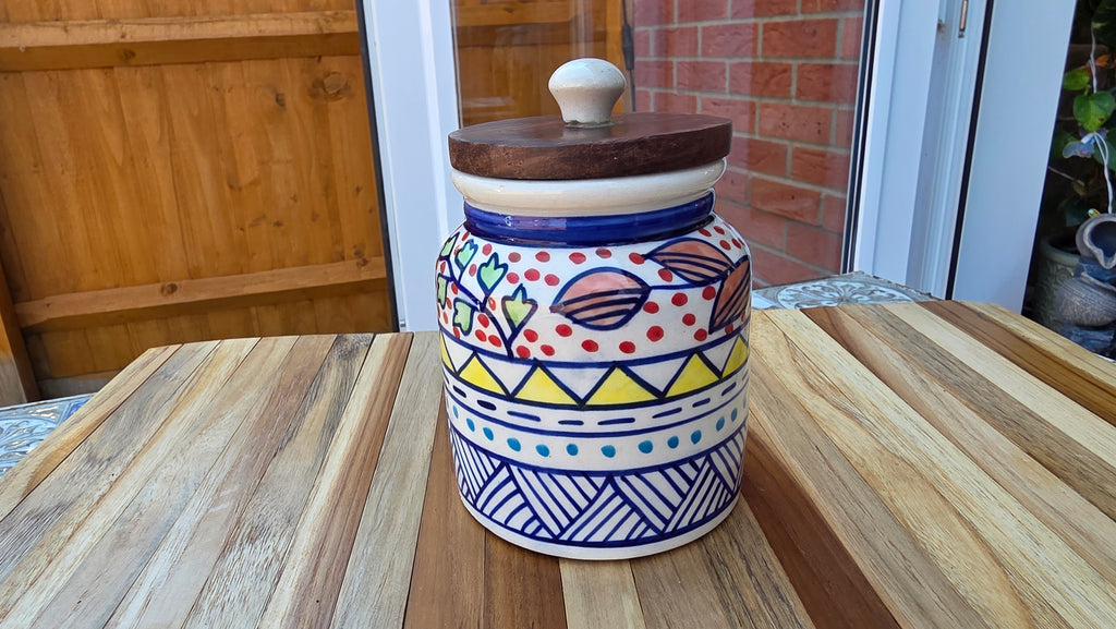 Handcrafted Colourful Patterned Ceramic Storage Jar with Wooden Lid – Large