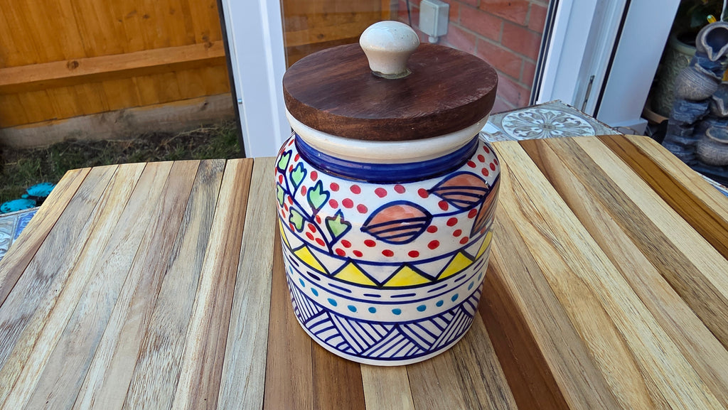 Handcrafted Colourful Patterned Ceramic Storage Jar with Wooden Lid – Large
