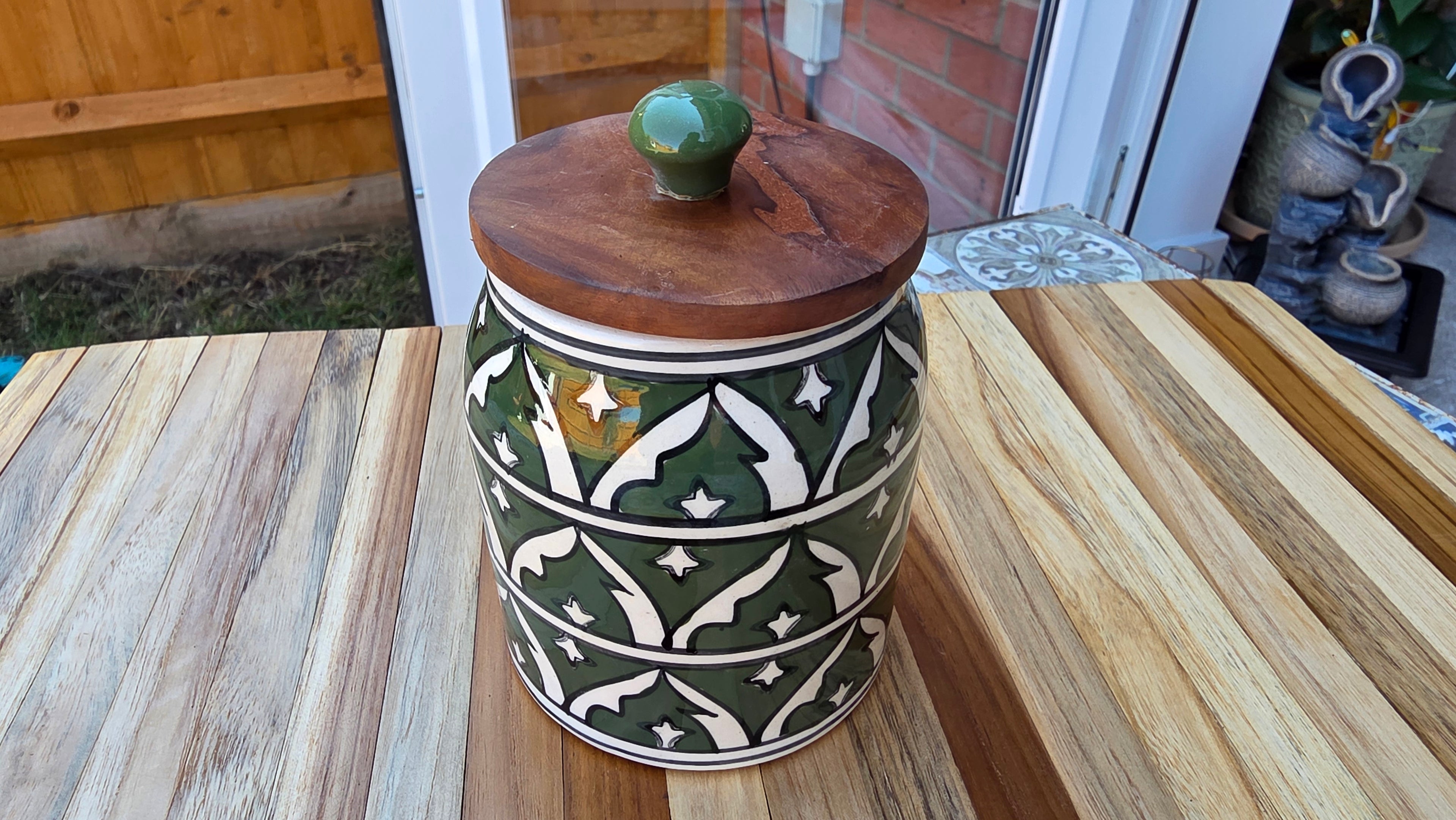 Handcrafted Colourful Patterned Ceramic Storage Jar with Wooden Lid – Large