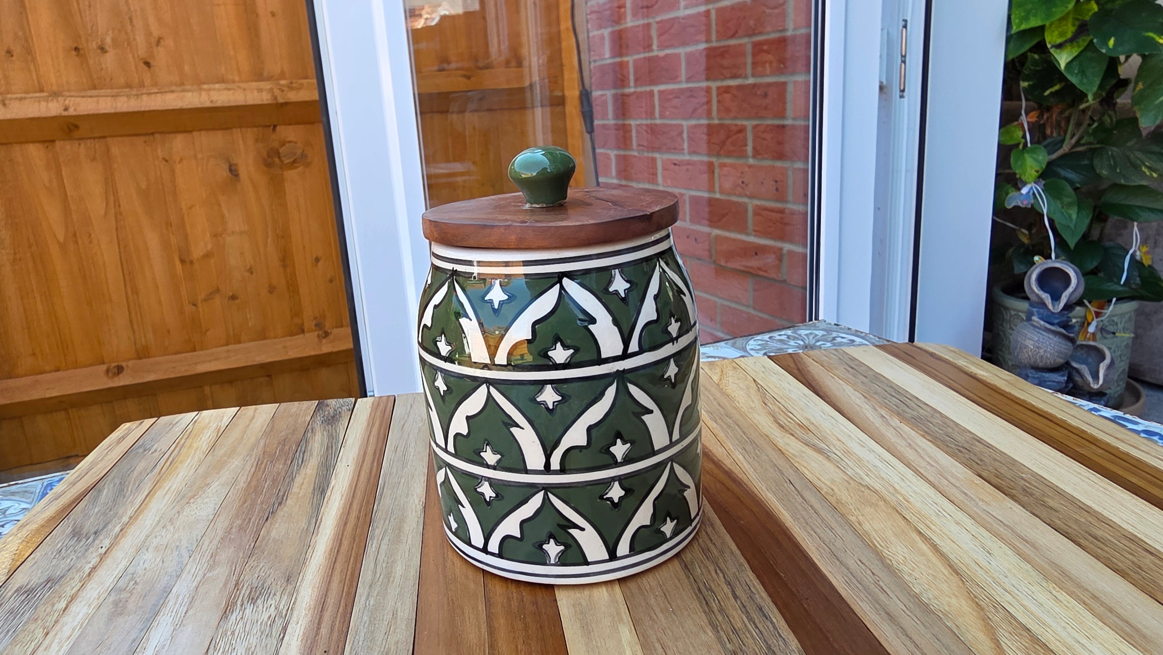 Handcrafted Colourful Patterned Ceramic Storage Jar with Wooden Lid – Large