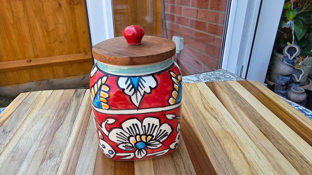 Handcrafted Colourful Patterned Ceramic Storage Jar with Wooden Lid – Large