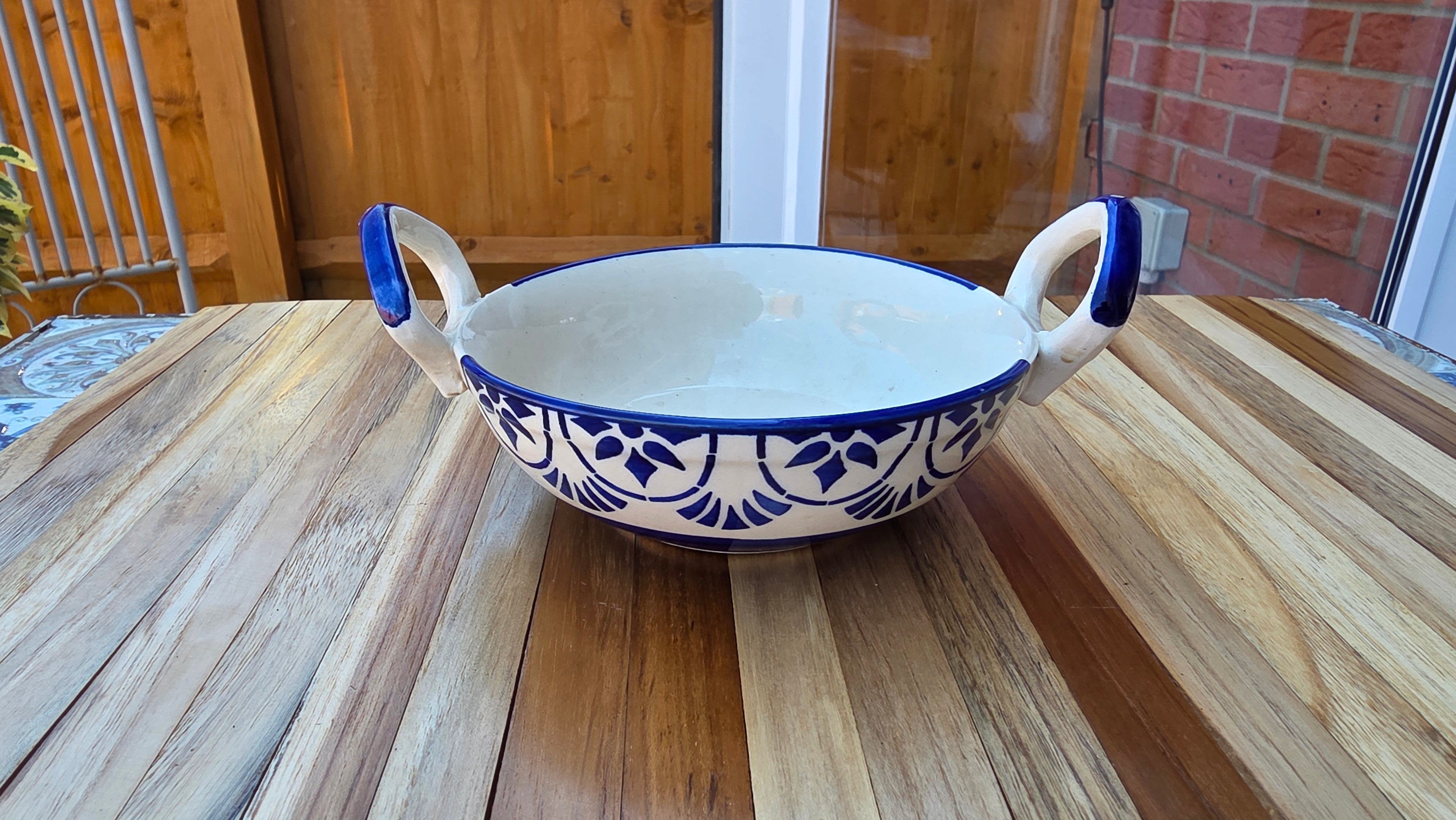 Handcrafted Blue Patterned Ceramic Food Bowl with Handles