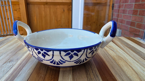 Handcrafted Blue Patterned Ceramic Food Bowl with Handles