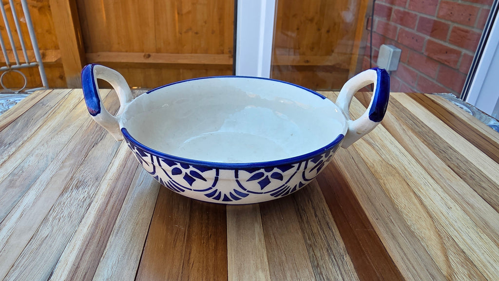 Handcrafted Blue Patterned Ceramic Food Bowl with Handles