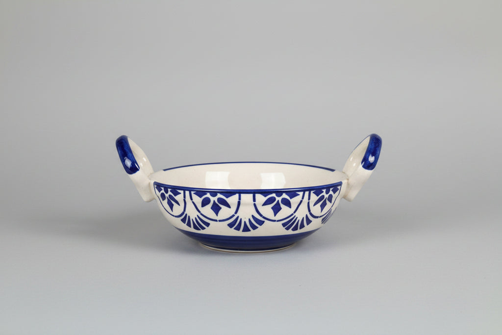 Handcrafted Blue Patterned Ceramic Food Bowl with Handles