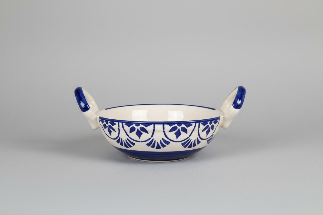 Handcrafted Blue Patterned Ceramic Food Bowl with Handles