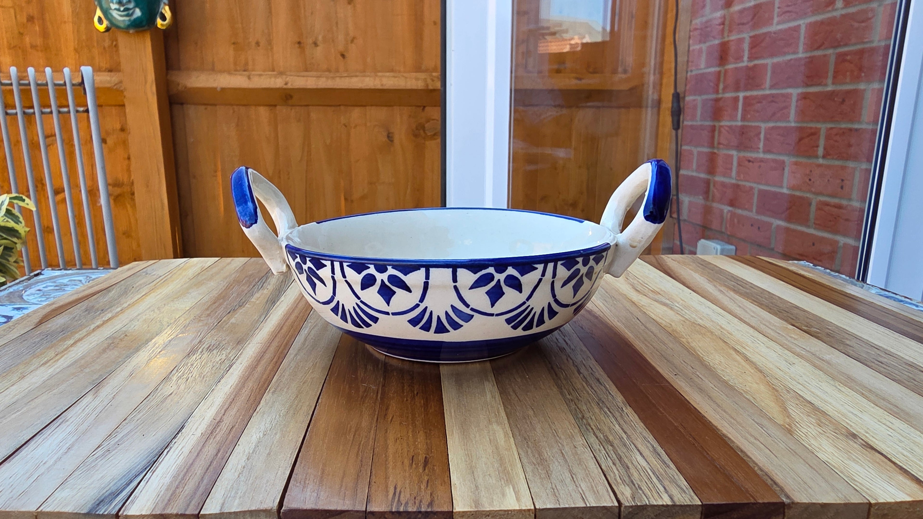 Handcrafted Blue Patterned Ceramic Food Bowl with Handles
