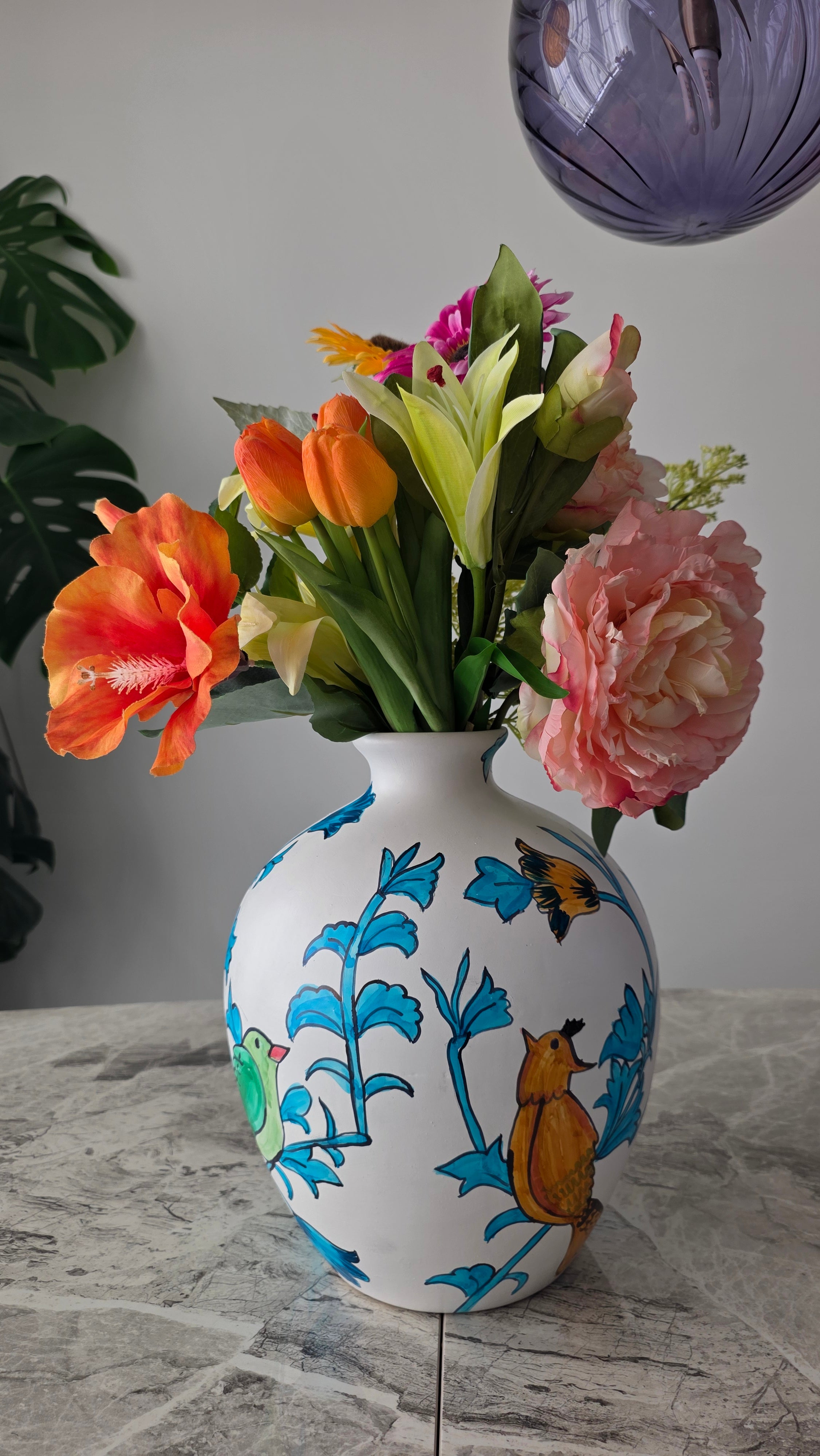 Handcrafted Hand-Coloured Colourful Bird Ceramic Vase | Large Size