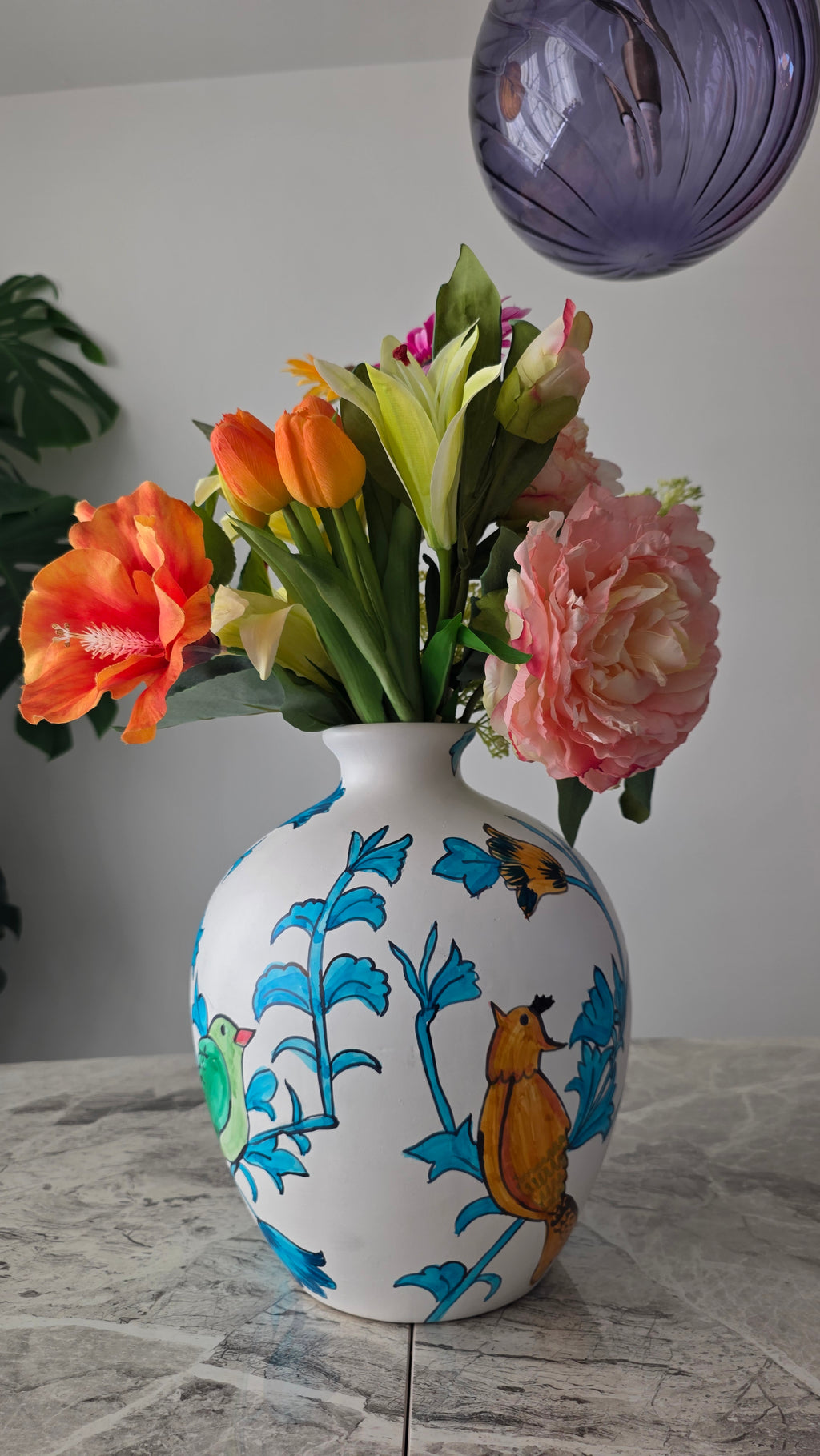 Handcrafted Hand-Coloured Colourful Bird Ceramic Vase | Large Size