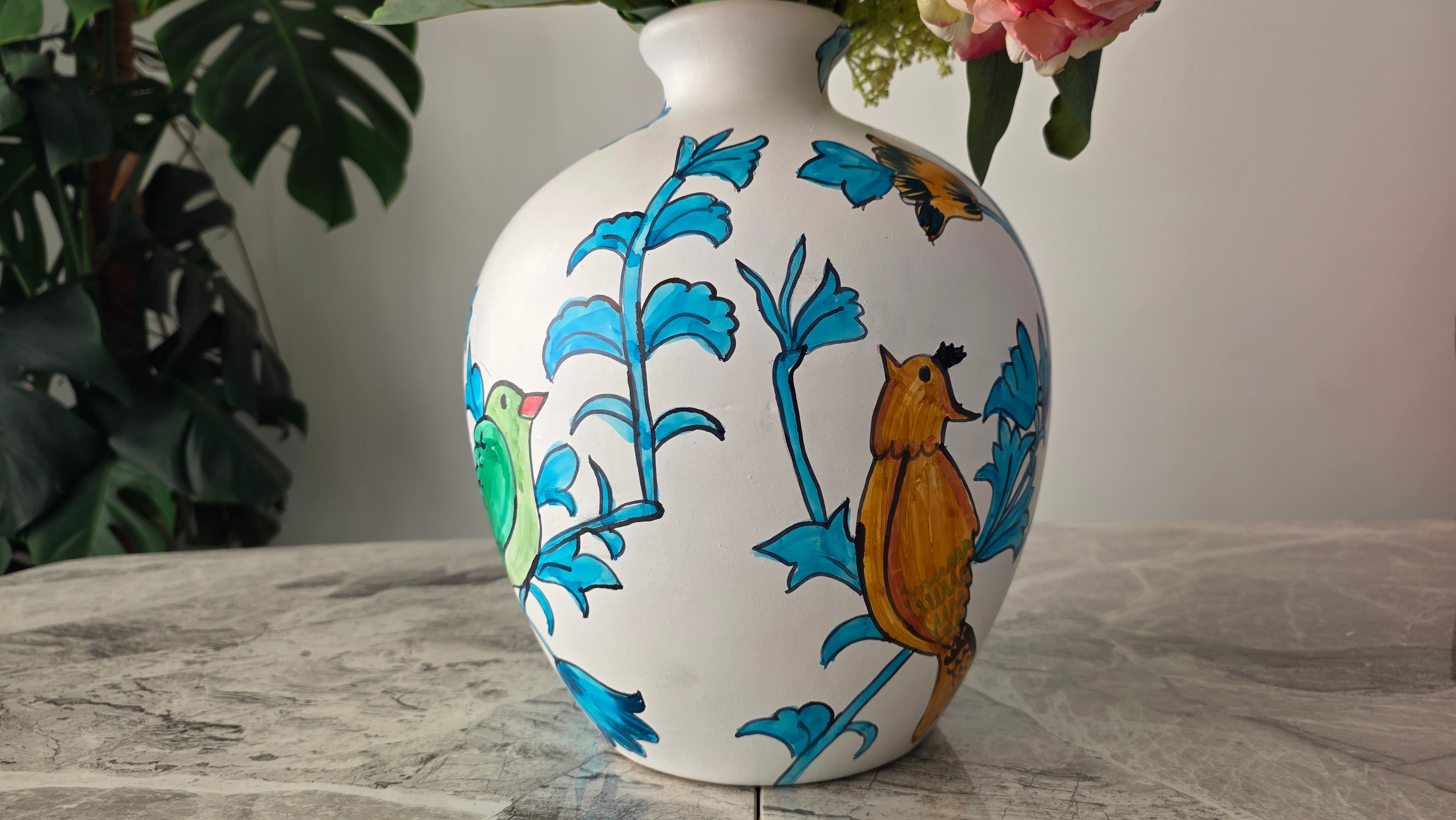 Handcrafted Hand-Coloured Colourful Bird Ceramic Vase | Large Size