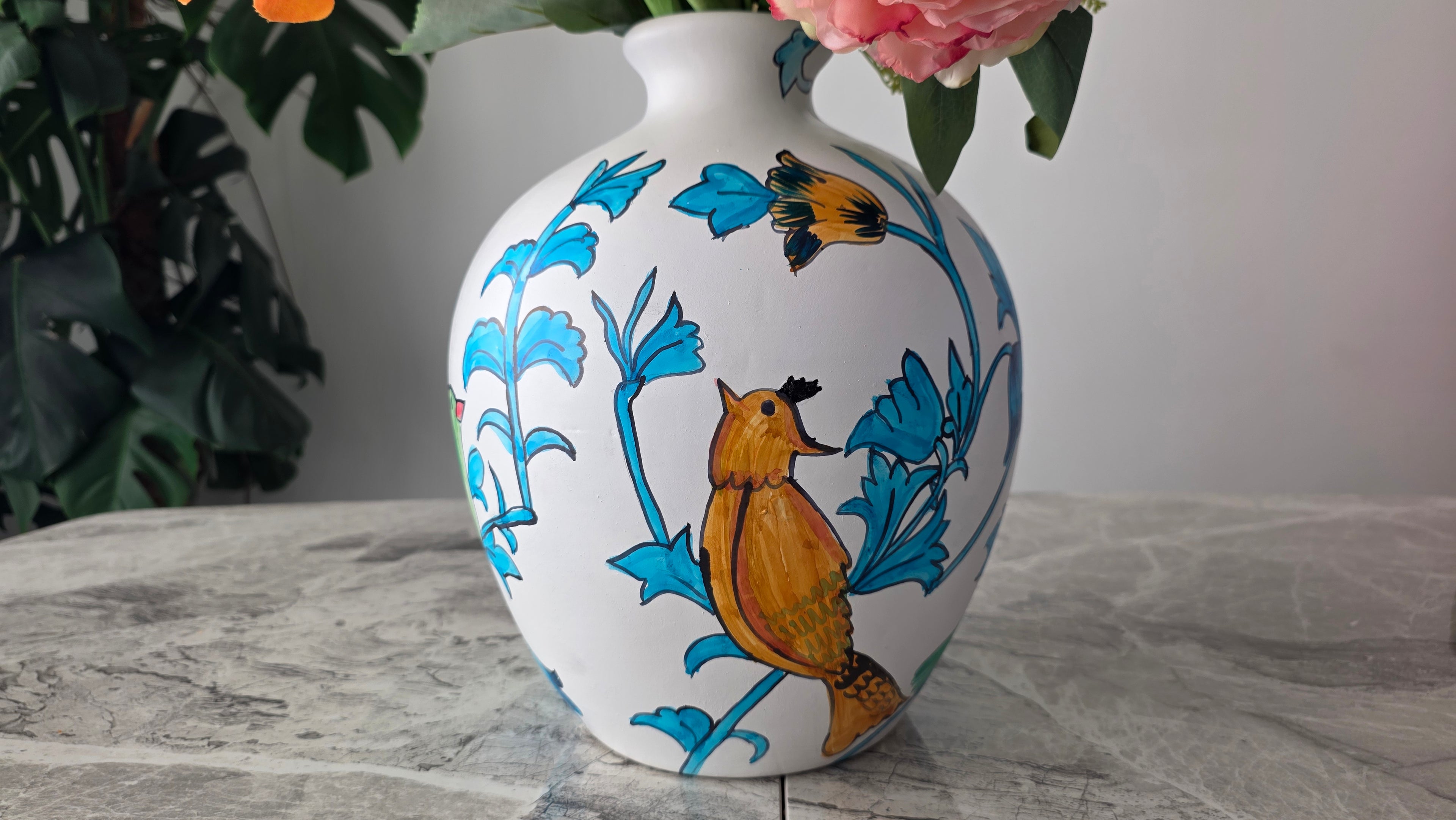 Handcrafted Hand-Coloured Colourful Bird Ceramic Vase | Large Size