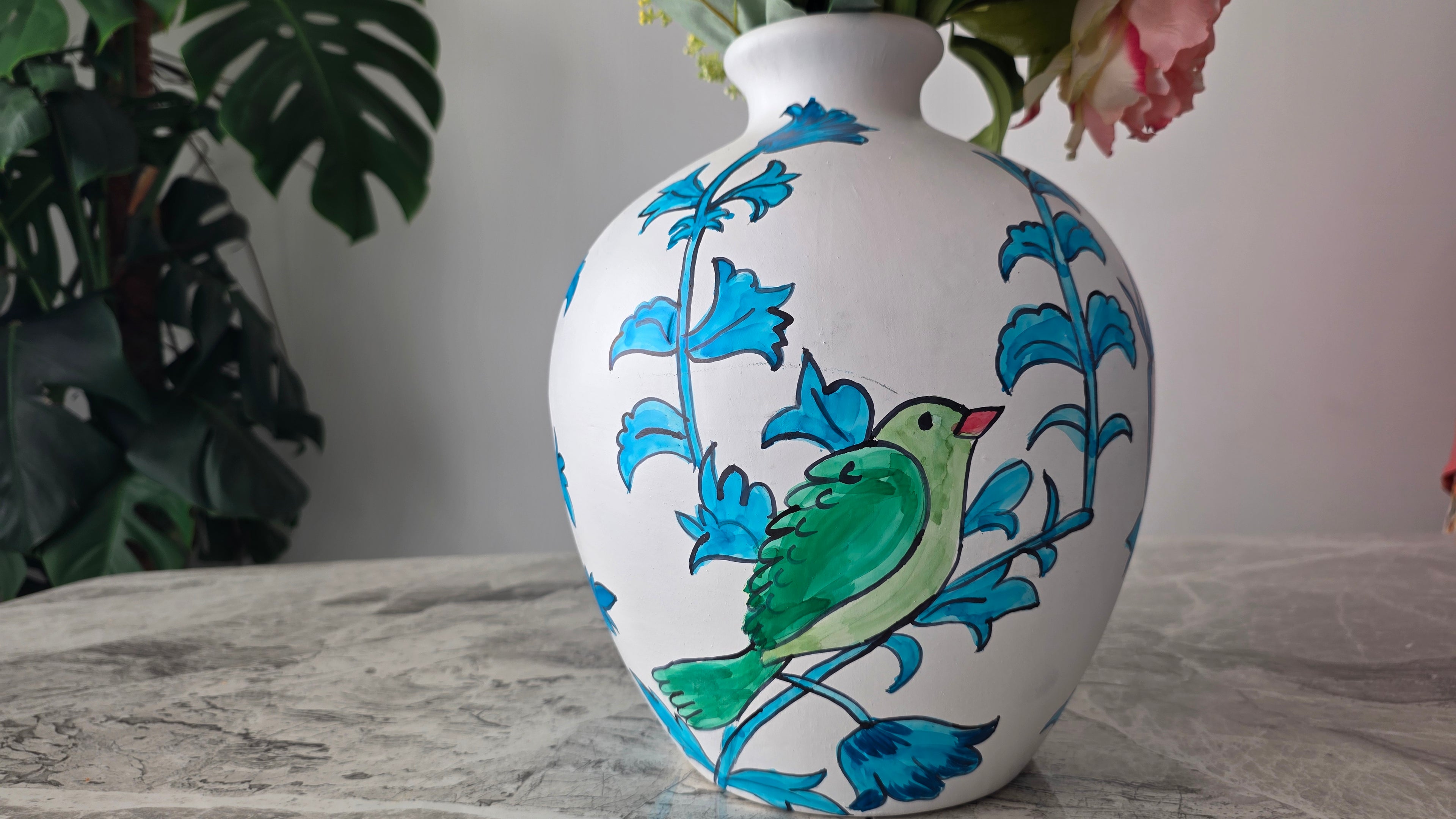 Handcrafted Hand-Coloured Colourful Bird Ceramic Vase | Large Size