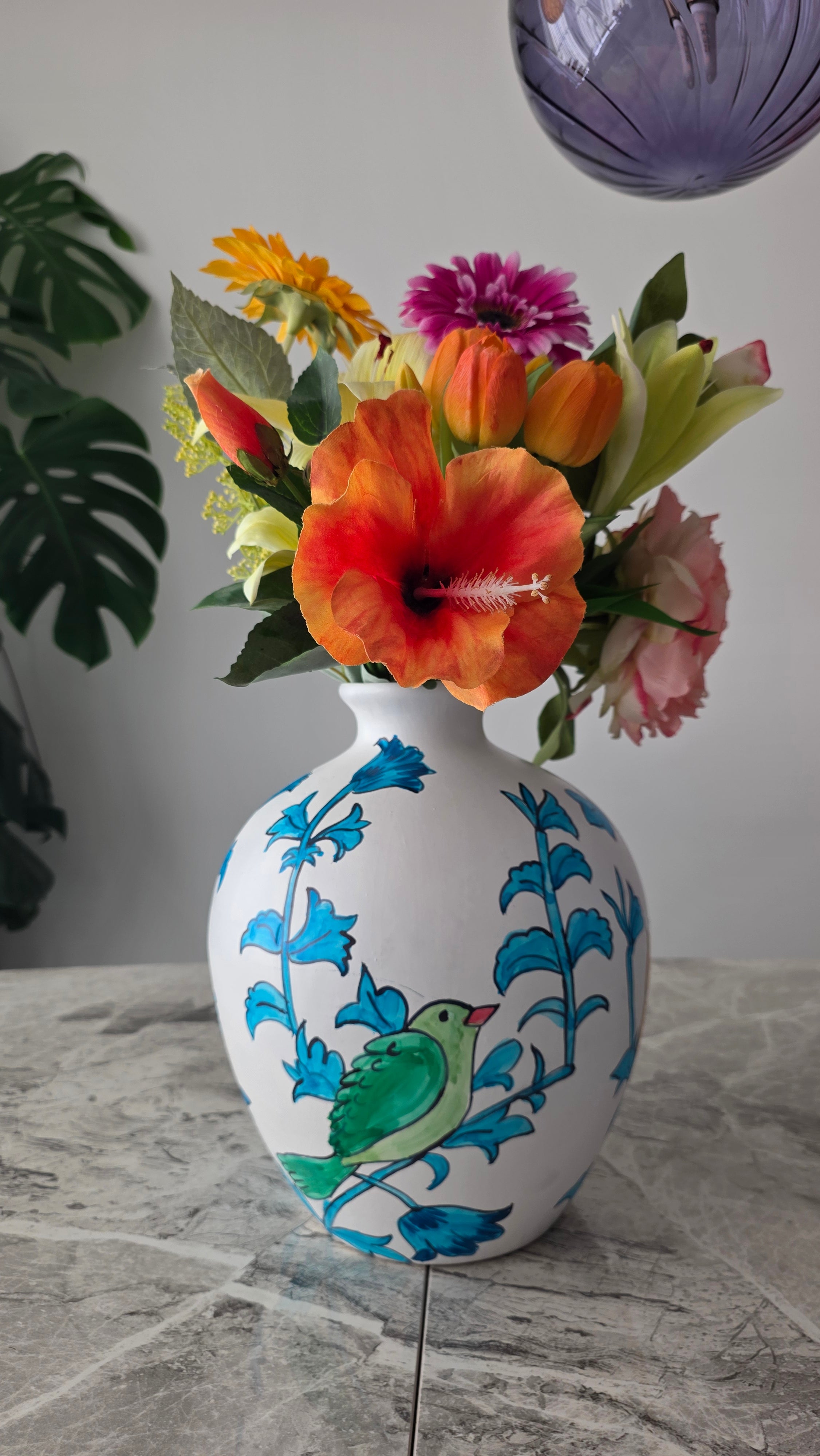Handcrafted Hand-Coloured Colourful Bird Ceramic Vase | Large Size