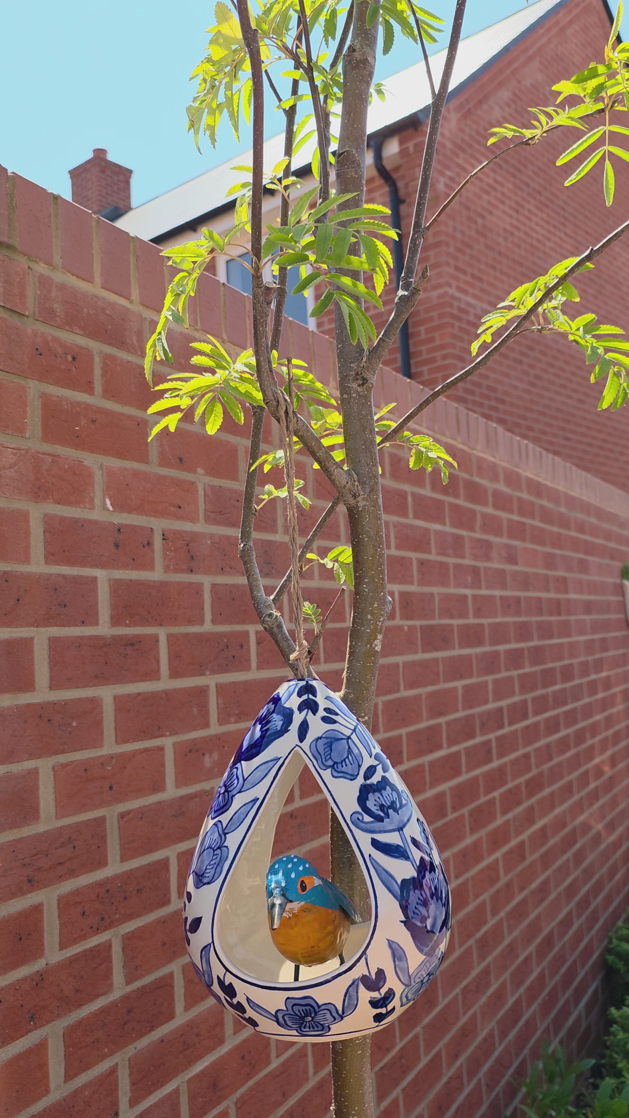 Large Hanging Blue Patterned Ceramic Bird Feeder